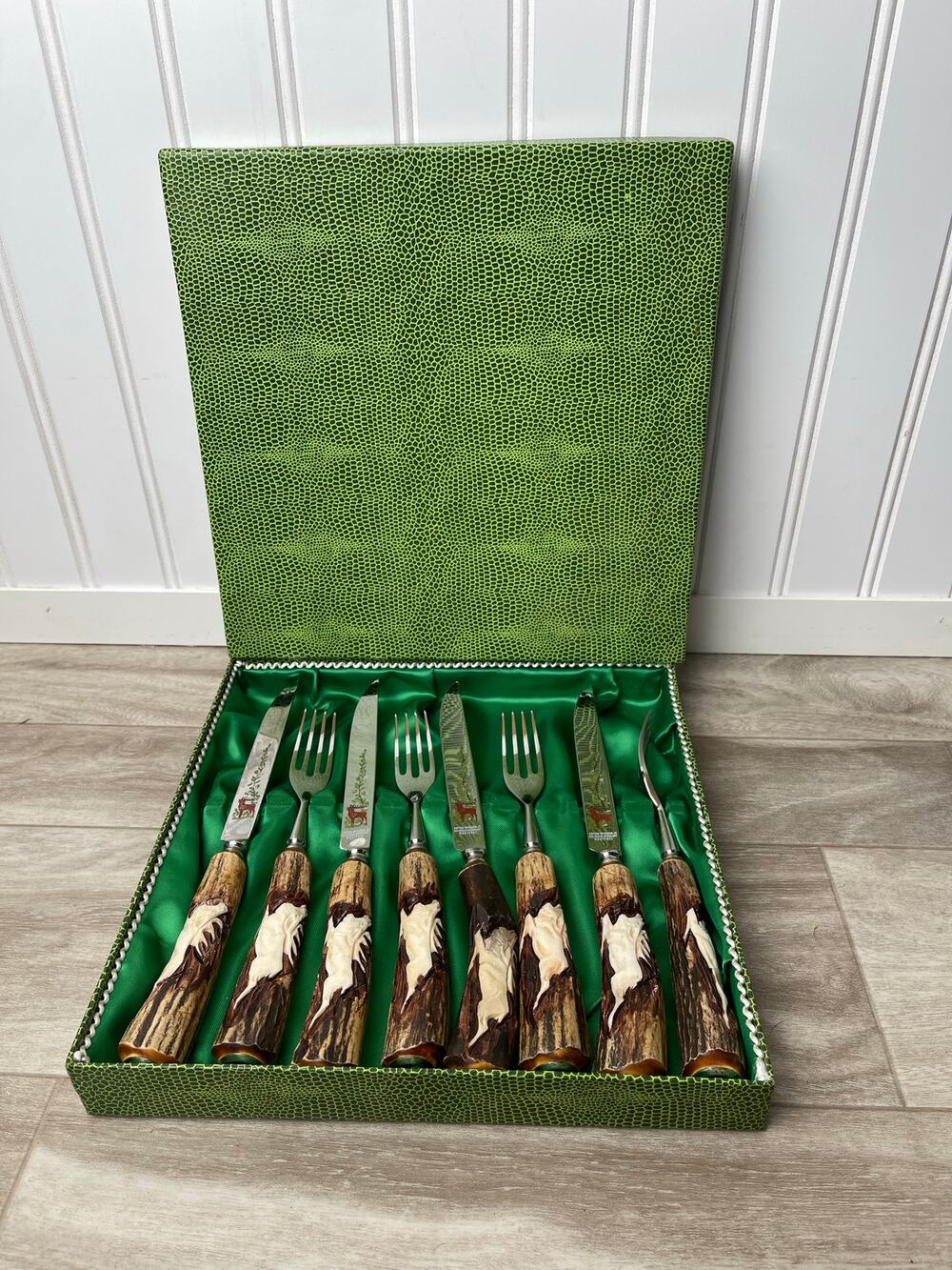 Steak Knife Fork Anton Wingen Jr Solingen Germany Stag Antler Carved 8pc VTG